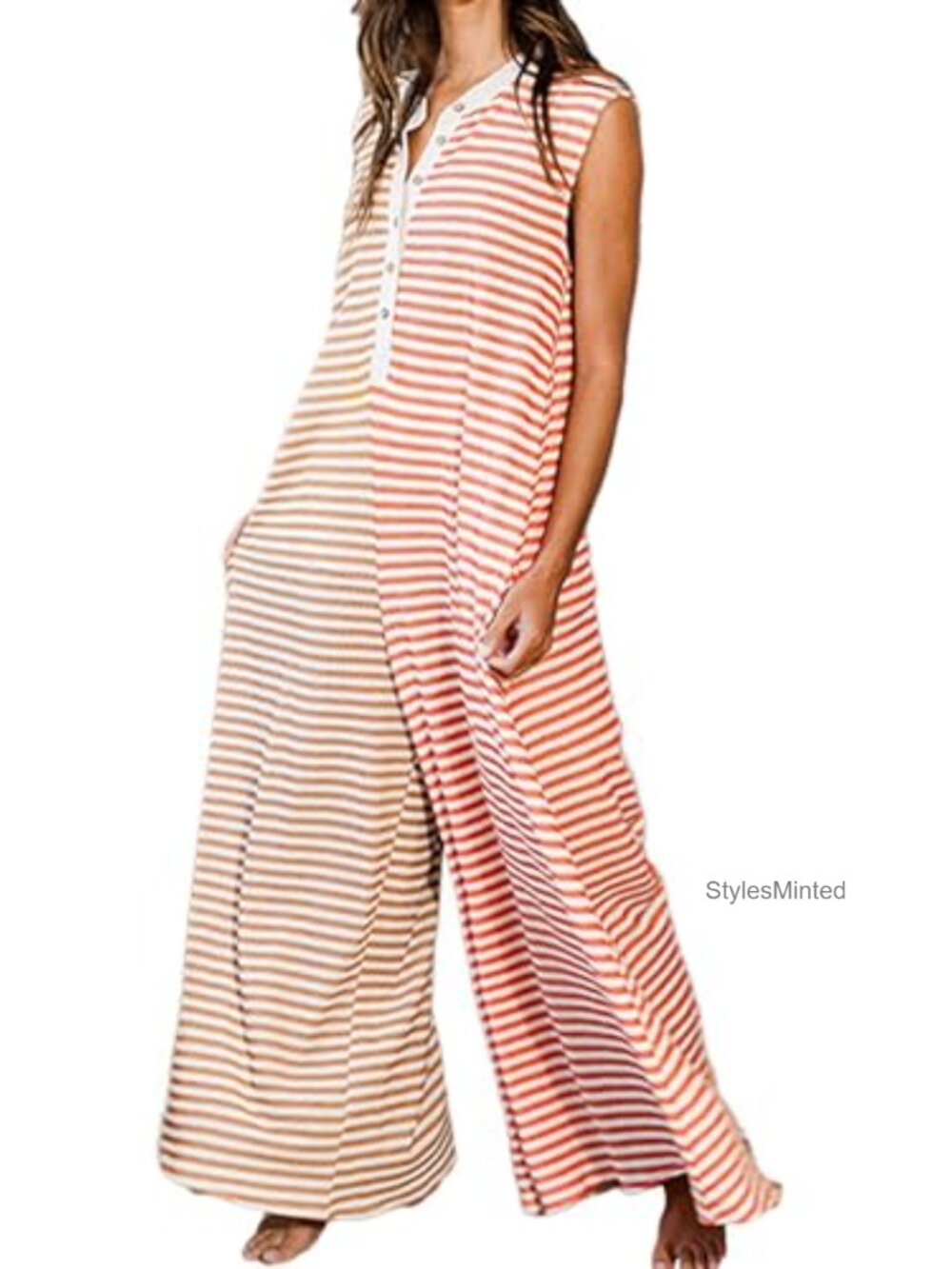 Women's Loose Wide Leg Striped Jumpsuit Sleeveless Button Down Romper